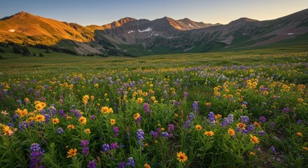 Obraz premium Colorful wildflowers in mountain meadow at sunrise
