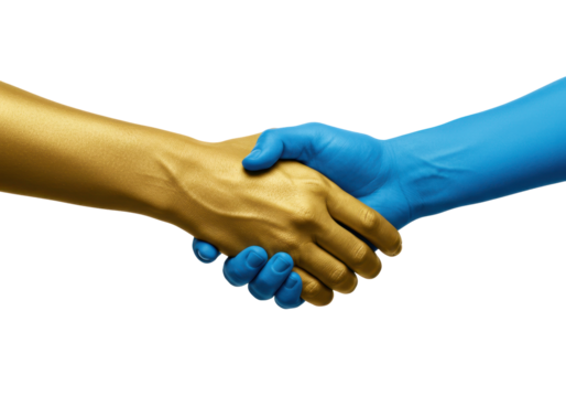 Isolated handshake with golden and blue hand arms concept of agreement partners deal