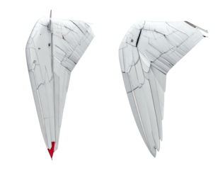 Two broken white wings, angled apart, showing layered structure and red details