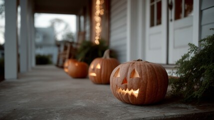 Carved pumpkins glow eerily on a rustic porch, evoking Samhain whispers and vintage All Hallows' Eve magic