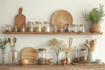 Eco friendly kitchen utensils and decoration, sustainable ethical lifestyle, zero waste storage, minimal modern kitchen interior details