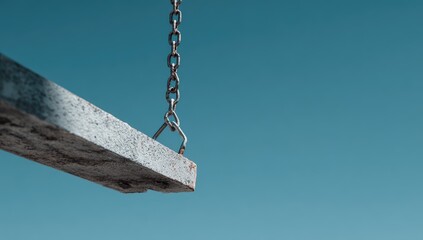 A weathered concrete slab hangs from a chain against a vibrant teal sky
