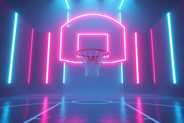 Neon basketball hoop court glowing with pink and blue lights, futuristic mood