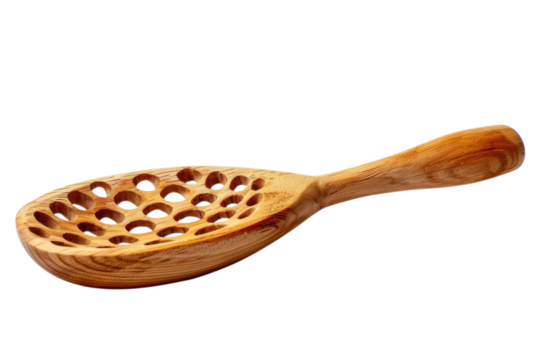 Unique wood strainer close up rustic kitchen tool handcrafted wooden spoon holes detail cooking art