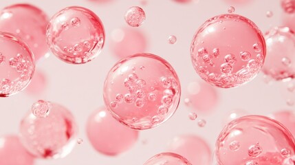 Elegant photo of pink serum drops with bubbles on white background.