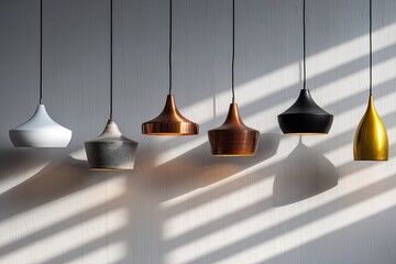 Hanging lamps in various metallic hues against a light wall