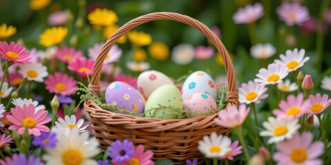 Pastel Easter egg basket with spring flower meadow and joyful colors