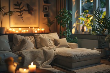 Cozy dark living room interior background, 3d render