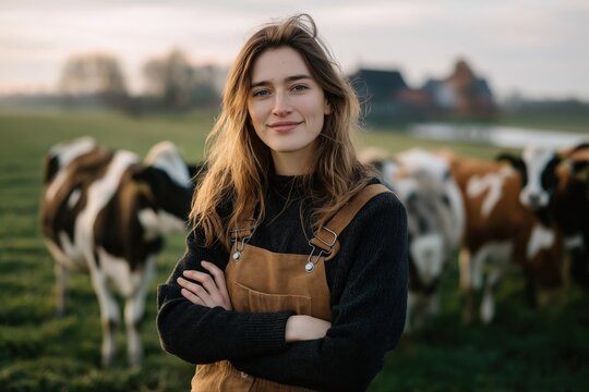 Young caucasian female farmer in brown overalls with cows in pasture