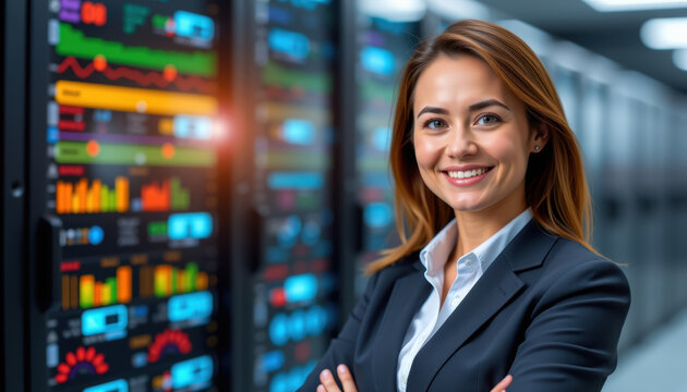 Ethical business practice guide confident woman in data center portrait - Powered by Adobe