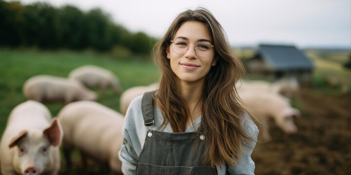 Young caucasian female farmer in overalls smiling in pig farm field