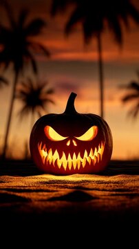 Calabaza de Halloween Terror&iacute;fica al Atardecer en Playa Tropical