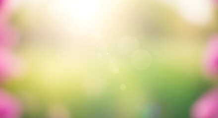 Obraz premium Soft focus springtime garden bokeh with pink blossoms and vibrant green leaves, sunlit