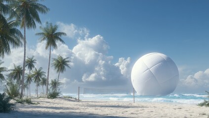 Beach volleyball scene, large white sphere