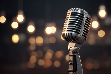 Vintage microphone against a blurred background of warm lights