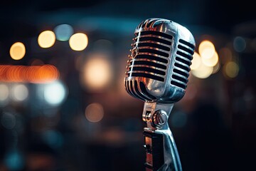 Vintage microphone against a blurred background of city lights.  A retro style microphone, metal grill, and a stand are in sharp focus against out-of-focus lights of an indoor venue