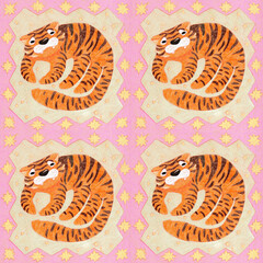 Seamless pattern with tigers. Hand drawn jungle cats on pastel background. Decorative animal design.