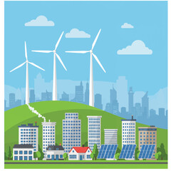 Modern city skyline with clean outlines showcasing sustainable energy from wind turbines and solar panels under a clear blue sky, in a vibrant 2D flat vector illustration.