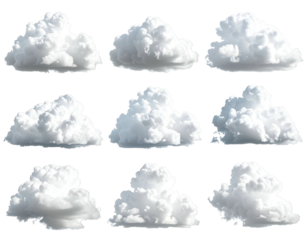 Nine variations of puffy white clouds against a black background