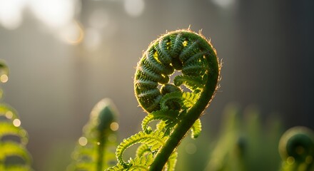 Green fern leaves growing in the forest with soft sunlight shining through the trees. Natural background symbolizing freshness, growth, ecology, and wilderness. Perfect for eco, nature, and environmen
