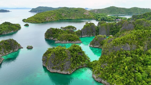 Aerial view of the stunning Piaynemo Islands, showcasing vibrant green vegetation contrasting with turquoise waters, Piaynemo Raja Ampat, West Papua, Indonesia.