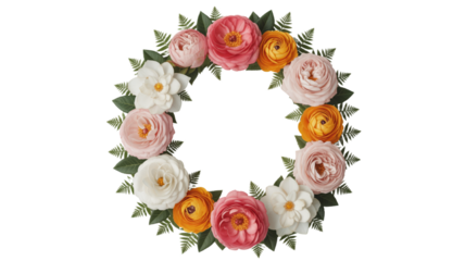 Oval floral wreath with pink orange and white roses