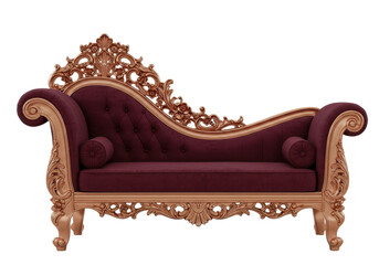 Isolated lounge chaise with ornate wood trim details and deep violet tufted cushions
