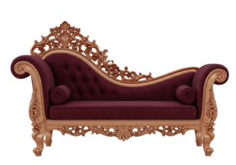 Isolated lounge chaise with ornate wood trim details and deep violet tufted cushions