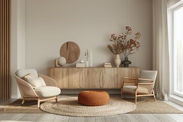 Home interior mock up, cozy modern room with natural wooden furniture, 3d render