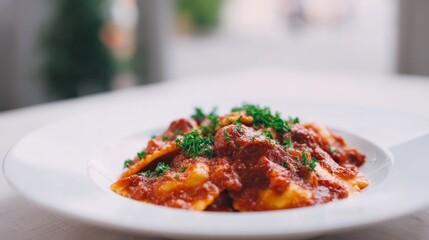 Fototapeta premium Savory ravioli drenched in vibrant tomato sauce, echoes of Italian Nonna's feast, perfect for Carnevale or Festa della Repubblica