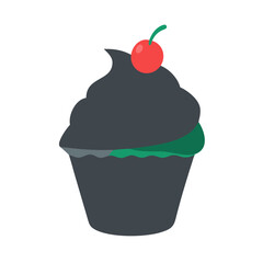 Gothic Dark Cupcake with Green Icing and Cherry on Top Vector Illustration