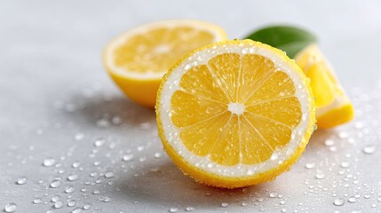 Juicy Lemon Slice Closeup with Water Droplets and Blurred Background Creates a Refreshing and Vibrant Still Life on Textured Surface