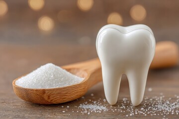 A wooden spoon holds granulated sugar beside a white tooth model.  Blurred lights create a bokeh effect
