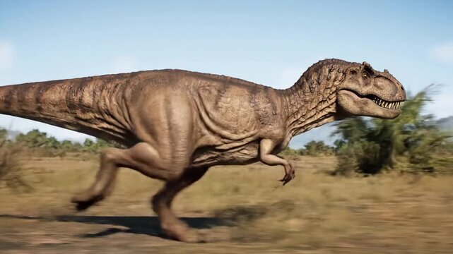 Tyrannosaurus rex, a powerful prehistoric predator, running quickly through an ancient plain, displaying motion blur to emphasize speed and dynamic movement
