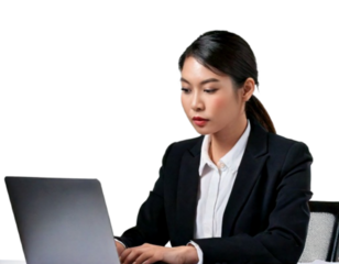 Focused Businesswoman Typing on Laptop, isolated on transparent background PNG