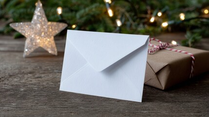 Envelope whispers wishes amid twinkling lights, starry Yule-tide glow, wrapped secrets; Winter Solstice, whimsical Scandinavian Julfest charm