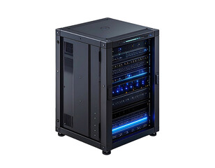 Obraz premium Dark, metallic server rack with blue accents