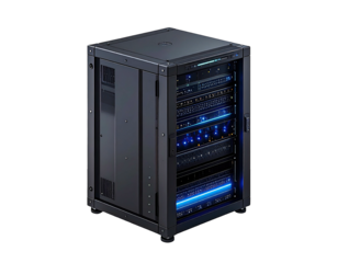 Dark, metallic server rack with blue accents