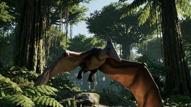 Pteranodon glides above a lush prehistoric jungle of towering trees and ferns, wings outstretched in a dramatic paleoart scene evoking primeval freedom and power