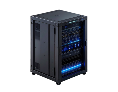 Dark, metallic server rack with blue accents