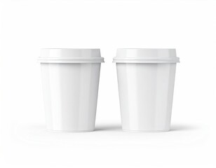 Two identical white disposable coffee cups with lids