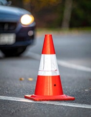 Road Cone on Asphalt, Traffic Control, Caution, Construction Zone, Safety.