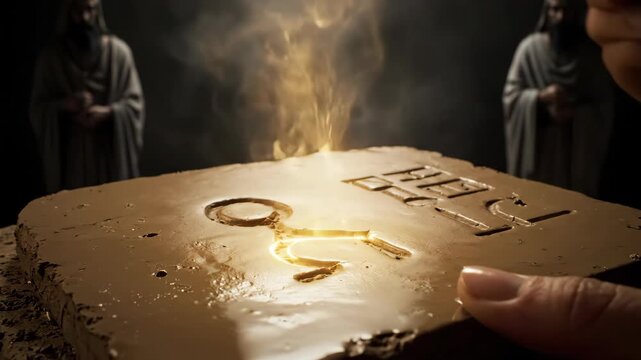 Scribe's hand inscribing an ancient cuneiform symbol onto a wet clay tablet, documenting history and culture with traditional tools in an archeological setting