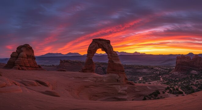 Delicate arch at sunset in scenic landscape