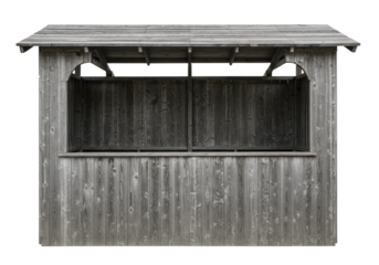 Isolated aged wooden gazebo, exterior vendor's stand structure for outdoor event sales