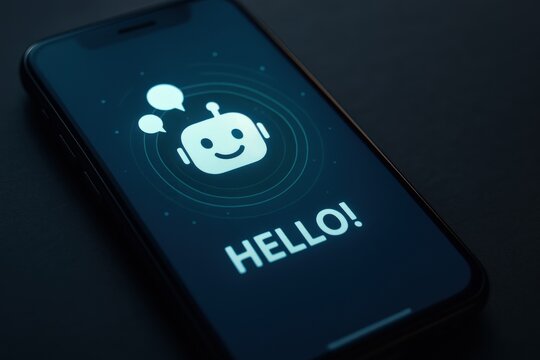 Mobile chatbot interface with smiling robot icon and glowing hello message on smartphone screen
