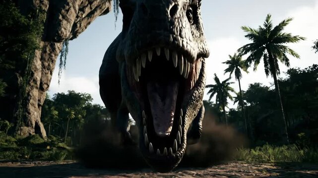 Tyrannosaurus rex appearing to leap from a jungle cliff with mouth open, menacingly looking down from a low angle view into a prehistoric landscape with palm trees against a bright sky