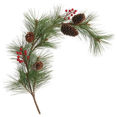 Festive pine branch adorned with cones and red berries, perfect for adding a touch of winter magic to your creative projects and holiday designs with seasonal cheer