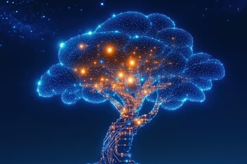Digital tree made of glowing blue and orange circuit patterns with branches radiating like data streams against a cosmic background, symbolizing AI growth in tech evolution.