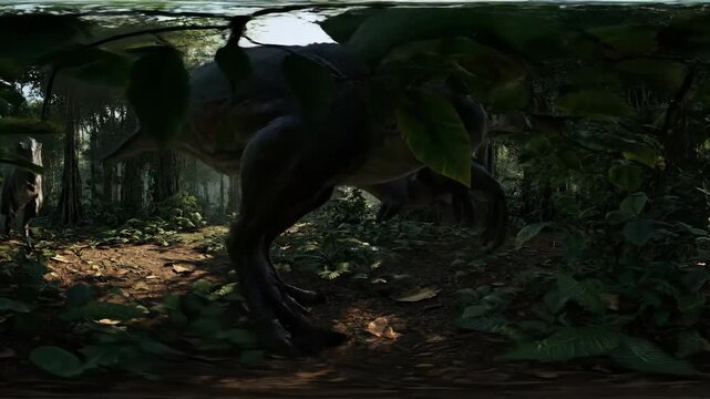Allosaurus dinosaur navigating a dense prehistoric jungle environment, finding its way through large, lush green foliage and seeking prey with another predator visible in the background